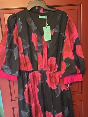toleen Black Dress with Bold Pink-Red Floral Print
